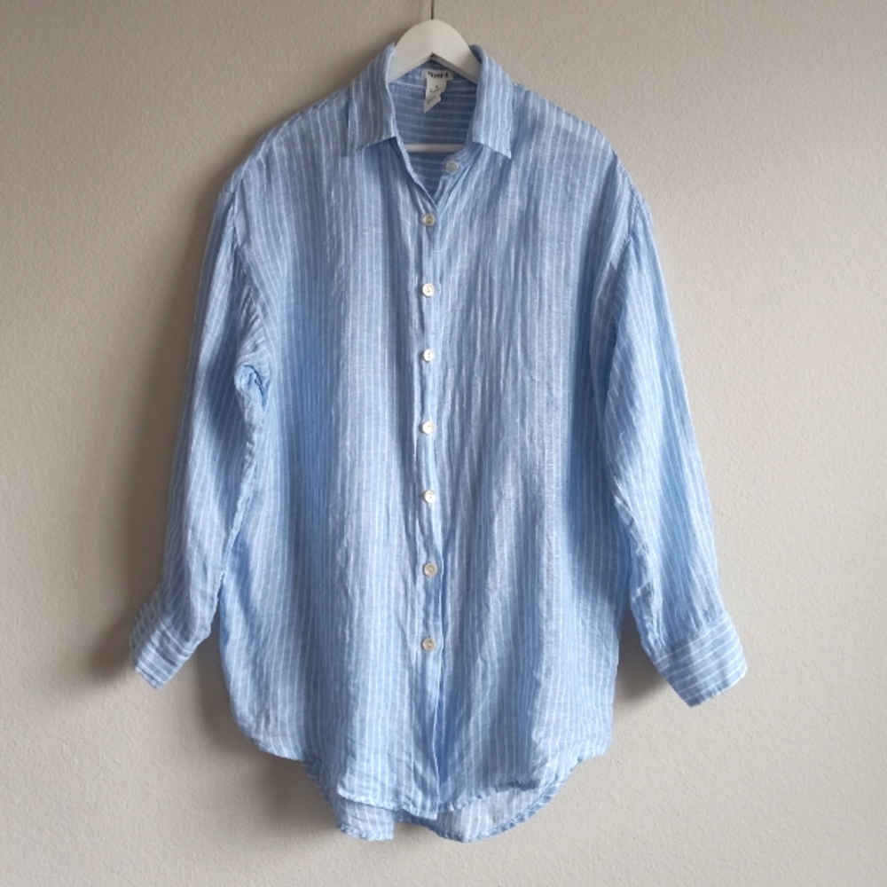 Vitamin A Playa Linen Boyfriend Shirt Summer Stripe EcoLinen M - Picture 13 of 16